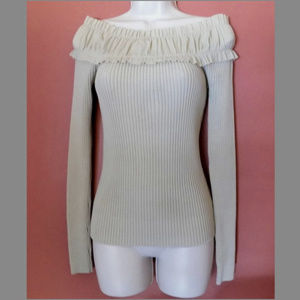 Ruffle knit top S Off-shoulder Ribbed Beige Sexy Stretchy Greige Romantic L/S